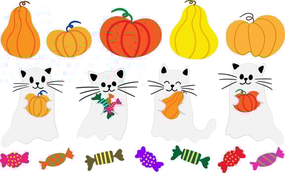 halloween elements set ghost cats pumpkins candies gourds holiday graphics children's designs adorable spooky season clip art vector