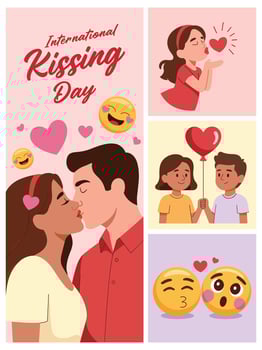 International Kissing Day Post Flat Design Couple Emojis Hearts Red Pink Yellow social media vector