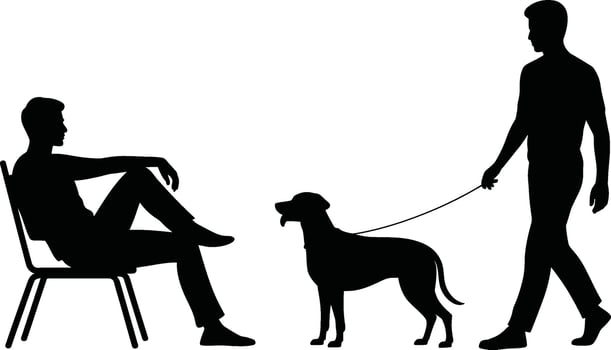 Men with a dog silhouette one man sitting another walking the dog vector