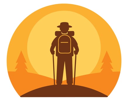 Silhouette of a Hiker with Backpack in a Mountainous Landscape vector
