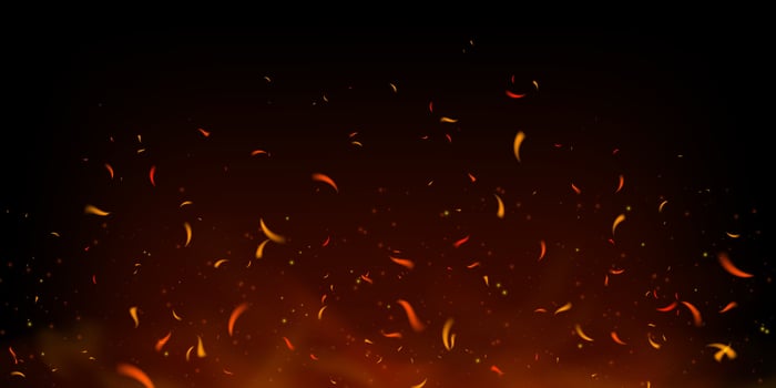 Hot embers and flying fire sparks rise in dark smoky background. Glowing particles and red flames evoke heat and power. Perfect for grill, bonfire or fireplace themes. Realistic illustration. vector