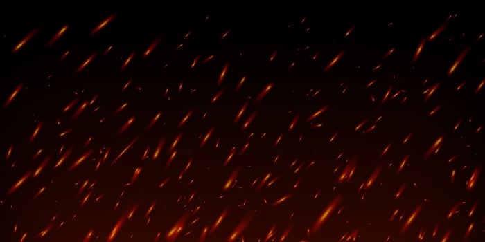 Burning embers and fiery sparks rise against dark smoky background. Hot flame effect with glowing particles and heat glow. Realistic overlay. Ideal for bonfire, grill or industrial fire scenes. vector