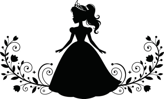 Princess silhouette with elegant dress and floral border decoration for wedding invitations vector