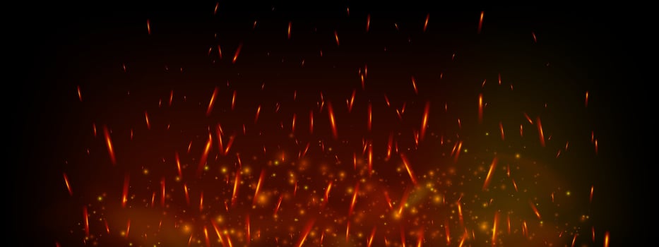 Fiery sparks and glowing embers rise from hot flame on dark background. Burning particles, smoke and flare create intense heat effect. Realistic for danger, grill or industrial fire themes vector
