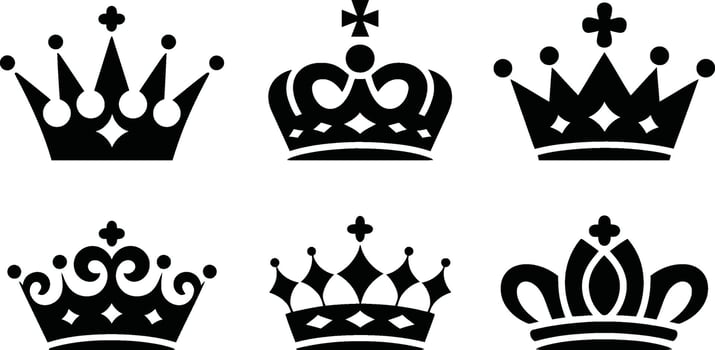 Collection of six elegant black crown illustrations on white background vector