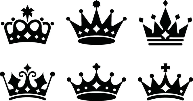 Collection of elegant black crown silhouettes featuring royal symbols vector