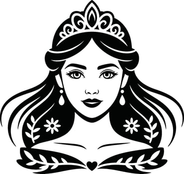 Elegant black and white princess illustration with crown and floral accents vector