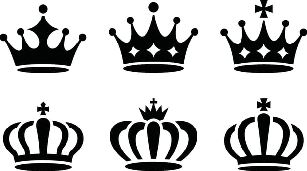 Elegant collection of stylized crown silhouettes royal emblems symbols graphic vector