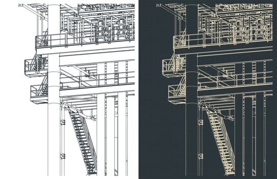 Metal structures offshore platform isometric drawings close-up vector