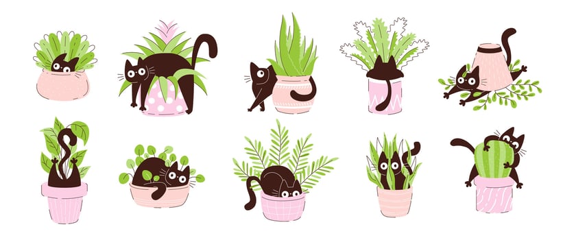 Cats playing with plants in pots vector