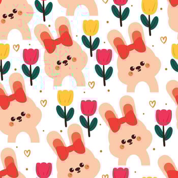 cute hand drawing cartoon bunny with bow and flowers seamless pattern. cute animal pattern in white background for gift warp paper and wallpaper vector