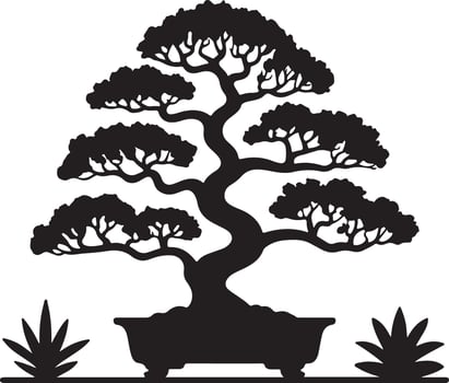 Black Silhouette Bonsai Tree in Pot with Agave Plants Detailed Illustration of a Japanese Bonsai Tree in a Black Pot Flanked by Two Agave Plants vector