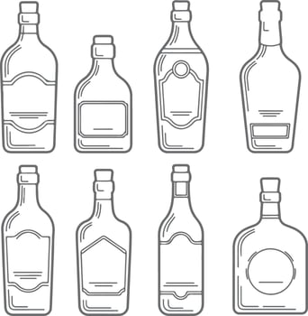Eight Gray Silhouette Liquor Bottle Designs with Blank Labels Various Shapes and Sizes Hand Drawn Style Cork Tops Alcohol Beverage Packaging Mockups vector