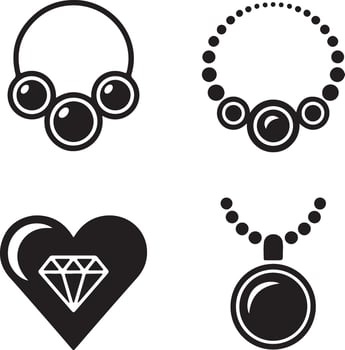 Black Silhouette Set of Jewelry Designs Featuring Necklaces Pendants and a Heart Shaped Diamond vector