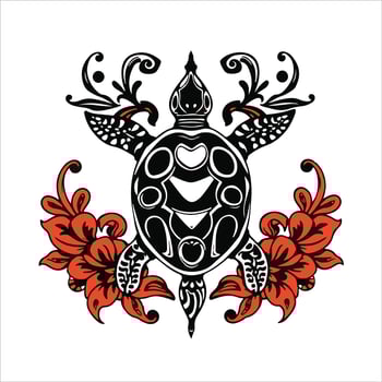 Turtle tattoo design with hibiscus flowers vector