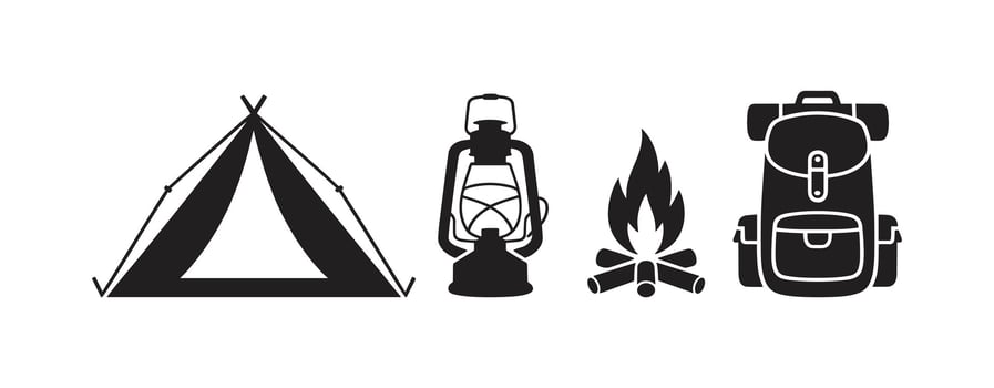 Black silhouette camping icons tent lantern campfire backpack outdoor adventure travel trip vector