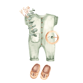 Baby shower Boy composition in eco style. Bodysuit and moccasins, teething ring and eucalyptus. Watercolor hand drawn kid illustration. png
