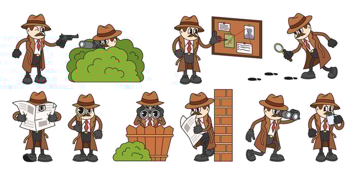 Cartoon detectives in various spying poses vector