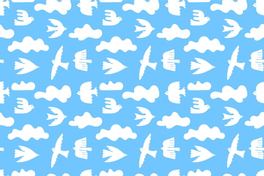 Flying birds seamless pattern. Cloudy blue sky with bird silhouettes, minimalism style dove and swallow with abstract cloud shapes. Textile print template. background illustration vector