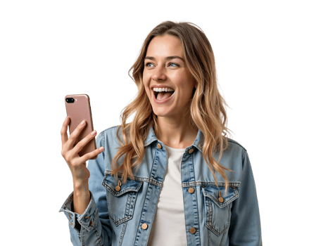 A woman in a denim jacket holding up her phone png
