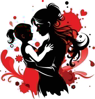 Silhouette of mother and daughter with red hearts vector