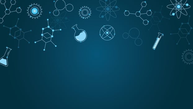 Technology inspired science background featuring glowing lab flasks test tubes atoms gears and molecules on a dark blue gradient backdrop perfect for research or education themes vector