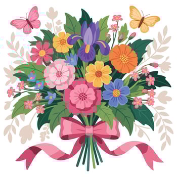 A bouquet of flowers with butterflies and flowers vector