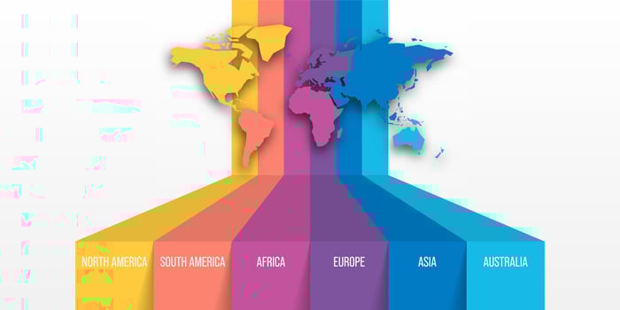 World map modern infographics. Stripes in different colors of each continent. Moden infographic element. vector