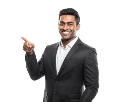 Confident man in suit pointing and smiling in a bright setting png