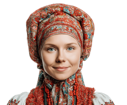 Traditional Russian woman in colorful costume with headscarf png