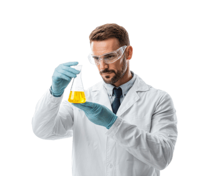 Laboratory work with chemist analyzing yellow liquid in flask png