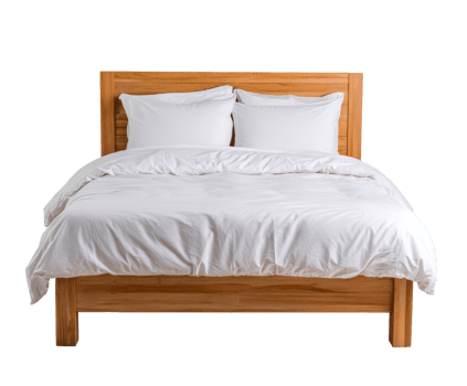 Cozy bedroom setup with soft linens and wooden bed frame png