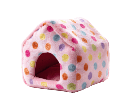 Cozy pink pet house with colorful polka dots for playful pets png