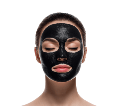 Skincare routine featuring a woman with a black facial mask png