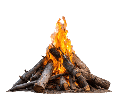 Bright campfire blaze with logs burning at night outdoors png