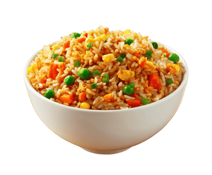 Flavorful vegetable fried rice in a white bowl png