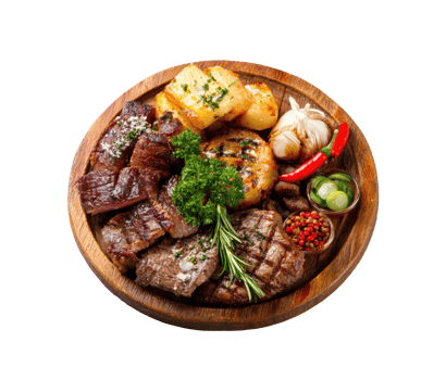 Grilled meat platter with veggies and spices png