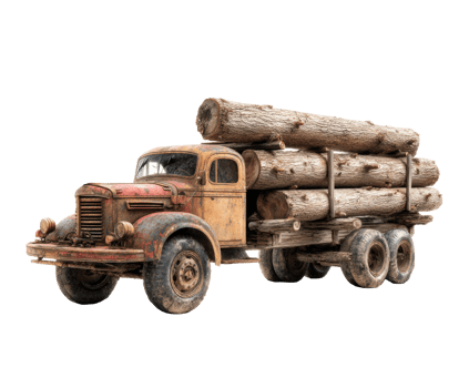 Vintage truck transporting tree logs through rural landscape png