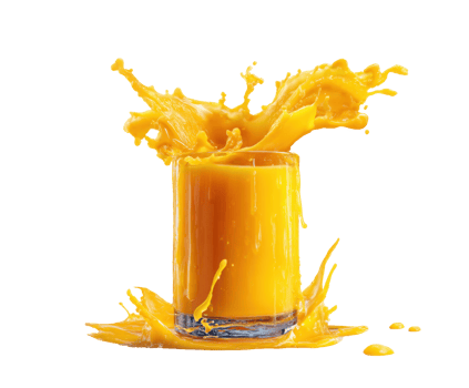 Fresh orange juice splash in a glass on a bright background png