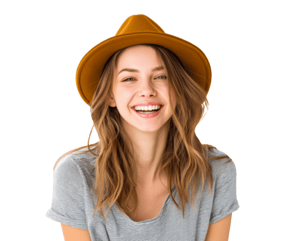 Bright smile of woman in stylish hat with casual attire png