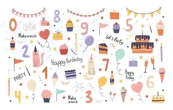Colorful birthday party decorations and elements vector
