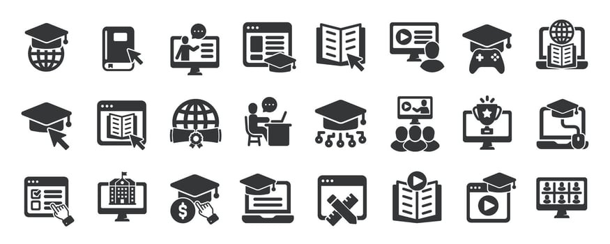 Online education glyph solid icons collection. Containing e-learning, school, education, study, diploma. For website marketing design, logo, app, template, ui, etc vector