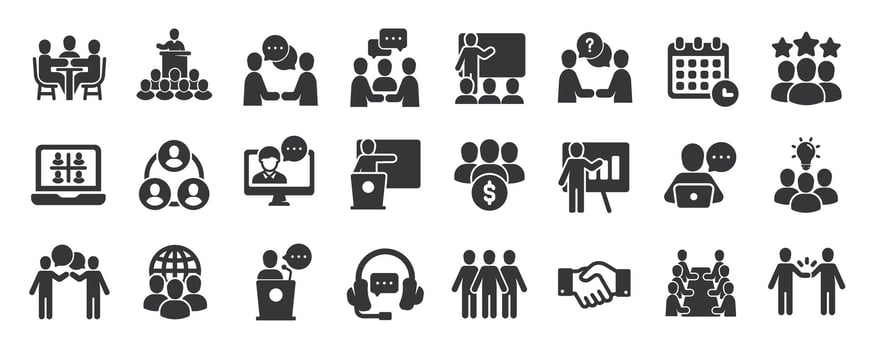 Meeting glyph solid icons collection. Containing business, training, seminar, teamwork, workshop. For website marketing design, logo, app, template, ui, etc vector