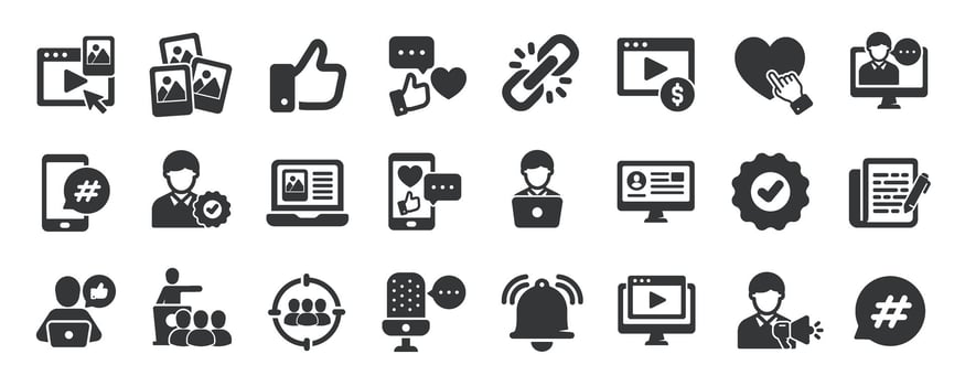 Influencer glyph solid icons collection. Containing content creator, blogger, social media, ambassador vector
