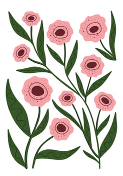 Hand drawn pink flowers with green leaves on clean white background. vector