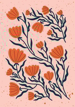 Hand drawn red flowers with dark leaves on peach background. vector