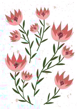 Delicate hand drawn pink flowers with green stems on a speckled white background. vector