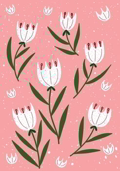 Hand drawn floral pattern with white tulips and green leaves on pink. vector