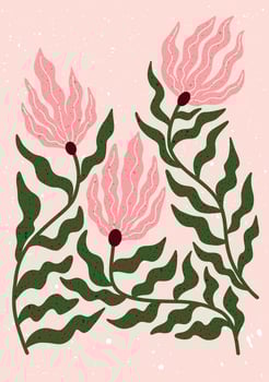 Hand drawn floral illustration with bold pink petals and wavy green leaves. Playful dotted texture and whimsical botanical forms on soft pastel background. Perfect for modern prints, wall decor vector