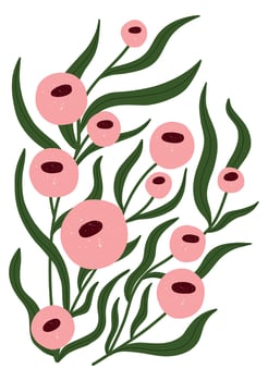 Charming pink floral illustration with round blossoms and curvy green leaves. Great for spring prints, nursery decor, and gentle designs. vector